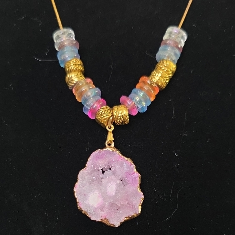 Gold and Pink Geode Pendant Necklace